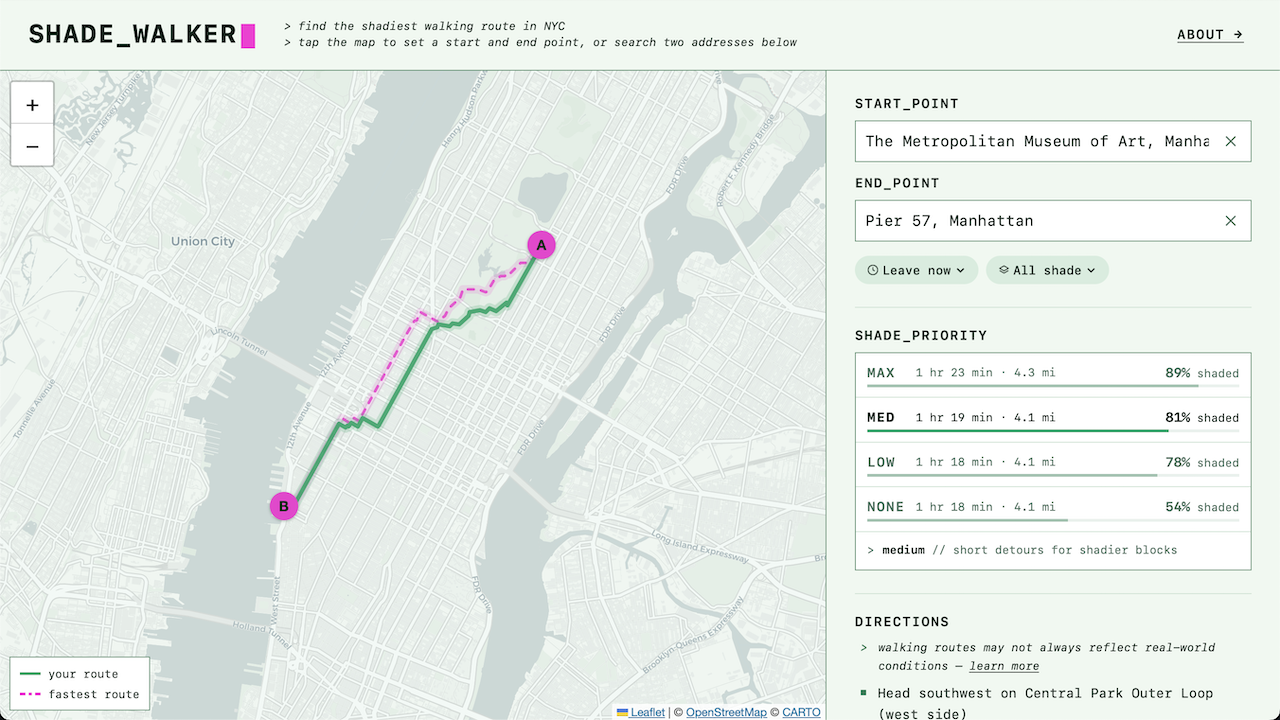 Shade Walker's route screen, with a NYC map plotting the shadiest walking route in green against the fastest route in pink, and a side panel showing start and end addresses, and shade-priority options (max, med, low, none) that each list the route's time, distance, and percent shaded